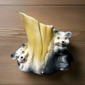 Vintage  American Bisque Twin Bear Cub Tree Stump Planter